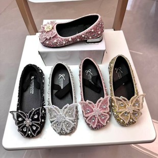 Girls princess shoes rhinestone shoes 2024 spring new girls pearl leather shoes soft bottom baby crystal shoes wholesale