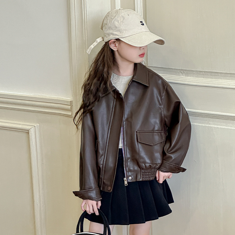 Girls' Leather Jacket 2026 Spring and Autumn New Style for Older Children, Stylish Retro Short Leather Jacket for Girls