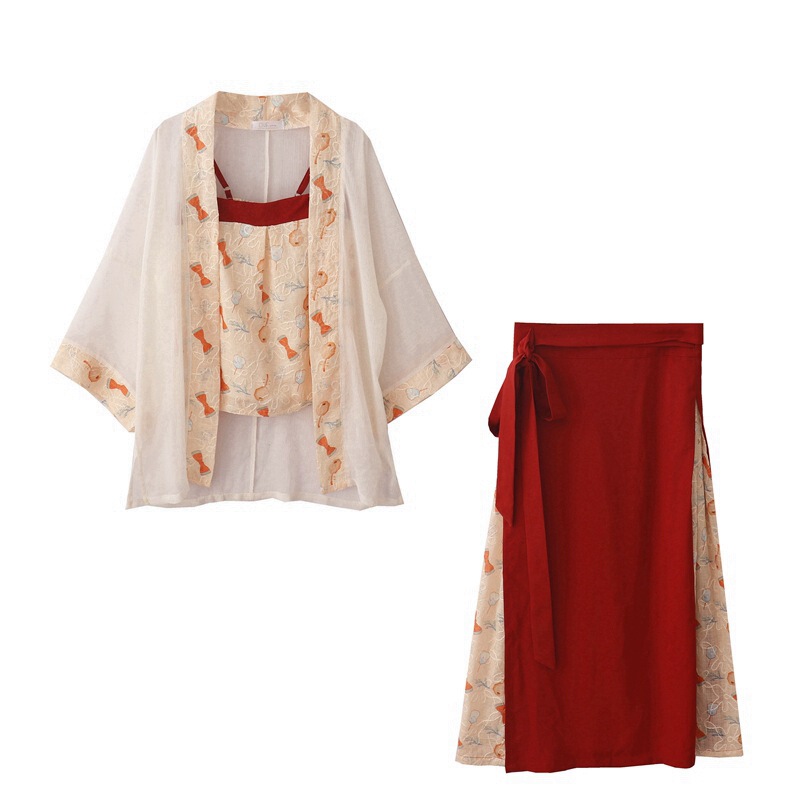 Autumn New Vintage Chinese Style Improved Hanfu Embroidered Cardigan Tube Top Small Strap Lace Skirt Three-piece Set