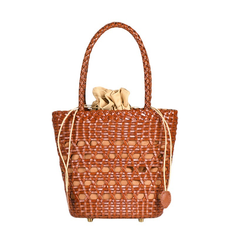 2021 New Summer Hand-Woven Bag Genuine Leather Cut Out Vegetable Basket Bag in Popular Personalized Trendy Bag Small