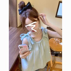 新しいドーパミンレースアップパーソナライズされたスリムノースリーブストラップベスト女性の夏のプリーツスリムシャツトレンディ