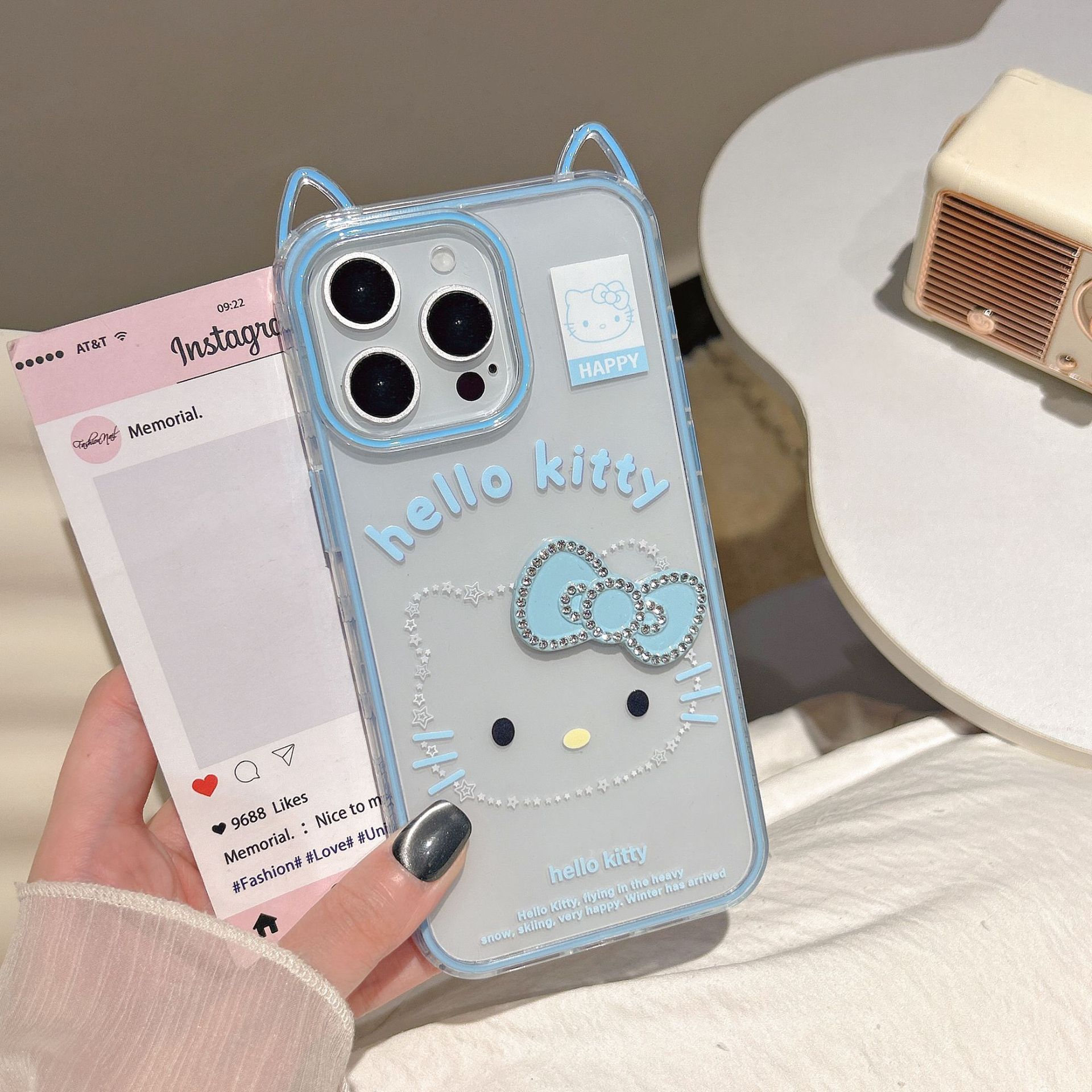 Xiaozhong nuevas orejas de gato KT gato adecuado para Apple Apple 16ProMax funda para teléfono móvil 15Pro azul 14/13 mujer