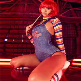 欧美外贸新款性感运动装wish亚马逊ebay款紧身印花万圣节女装两件