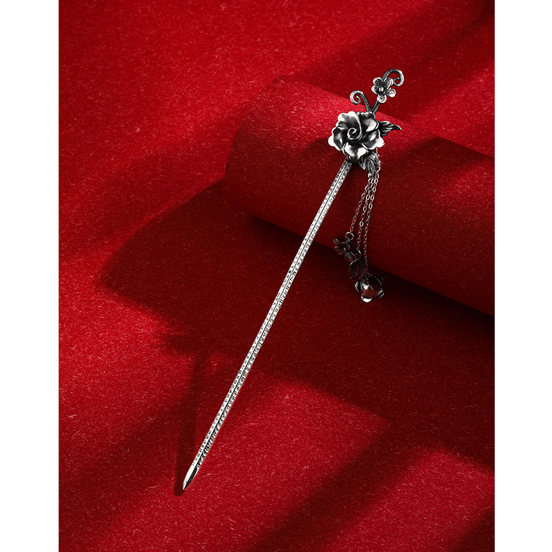 Plata de ley horquilla 999 plata pura estilo antiguo hanfu updo tocado horquilla flor borla accesorios para el cabello horquilla de plata para novia