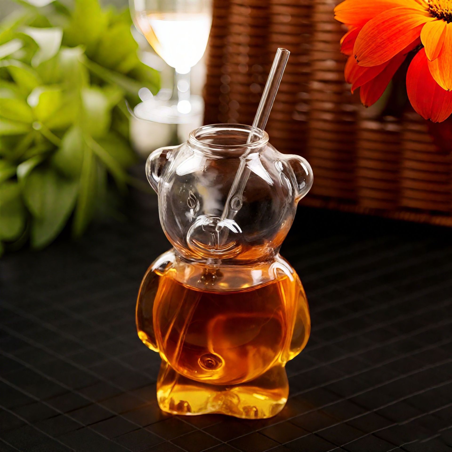 Taza de vidrio con diseño de oso, para restaurante, café, leche, té, jugo, agua, estilo moderno, resistente a altas temperaturas, con tapa.
