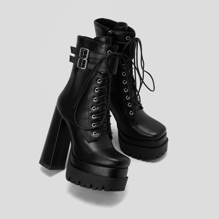 New European and American punk style double water platform square head lace-up short leg women's plus-size fashion boots_voghion.com