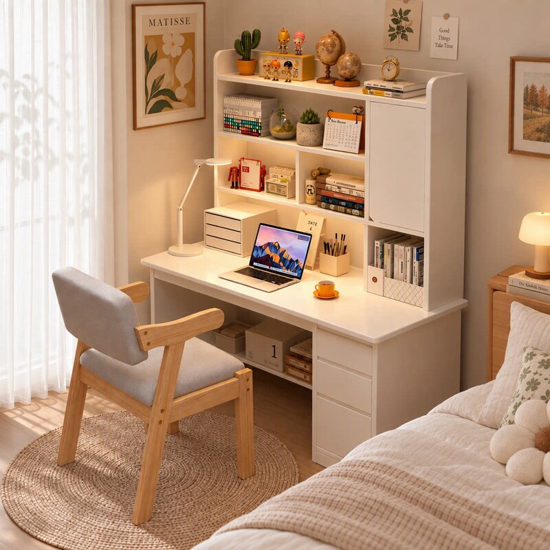 Desk and bookshelf combination, solid wood ecological board desk, rectangular, simple design, suitable for rental apartments, student use, and comes with government subsidies