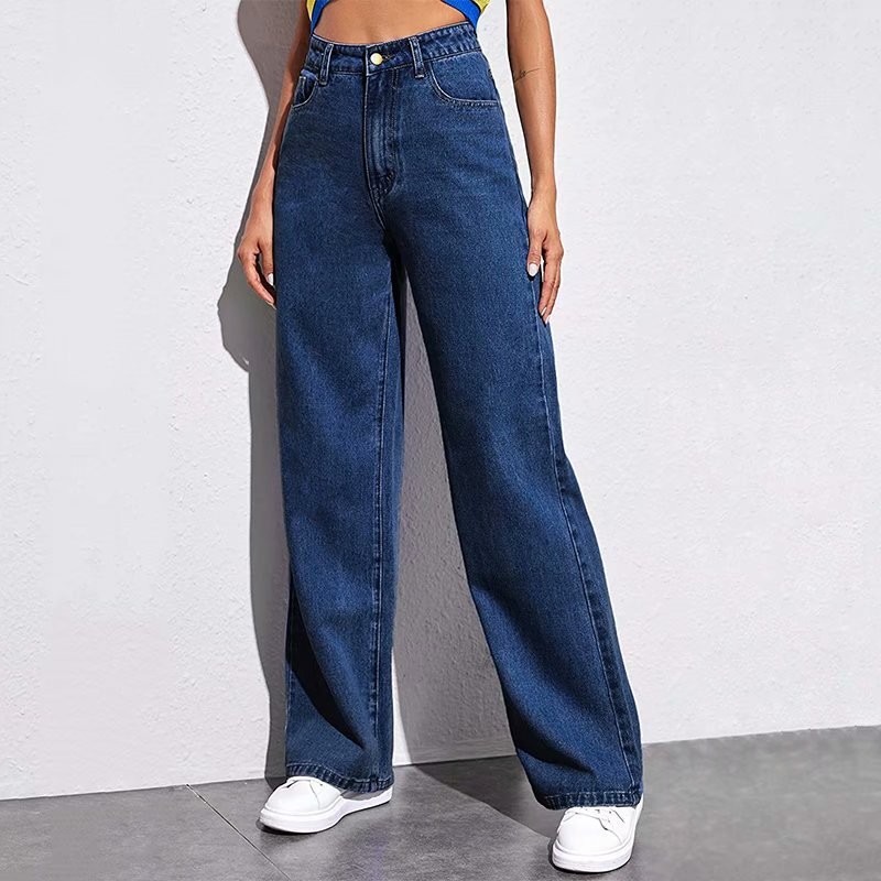 High-Waisted Straight Leg Jeans Women's Loose Fit Wide Leg Pants Solid Color European American Style Petite Size Autumn Winter_ecoleips.com