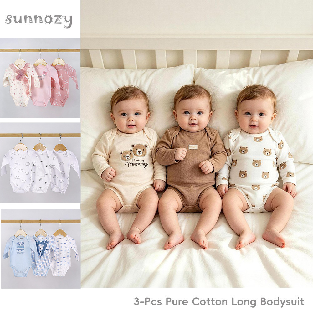Sunnozy纯棉婴儿连体衣3pcs长袖包屁衣春秋新生宝宝家居服批发