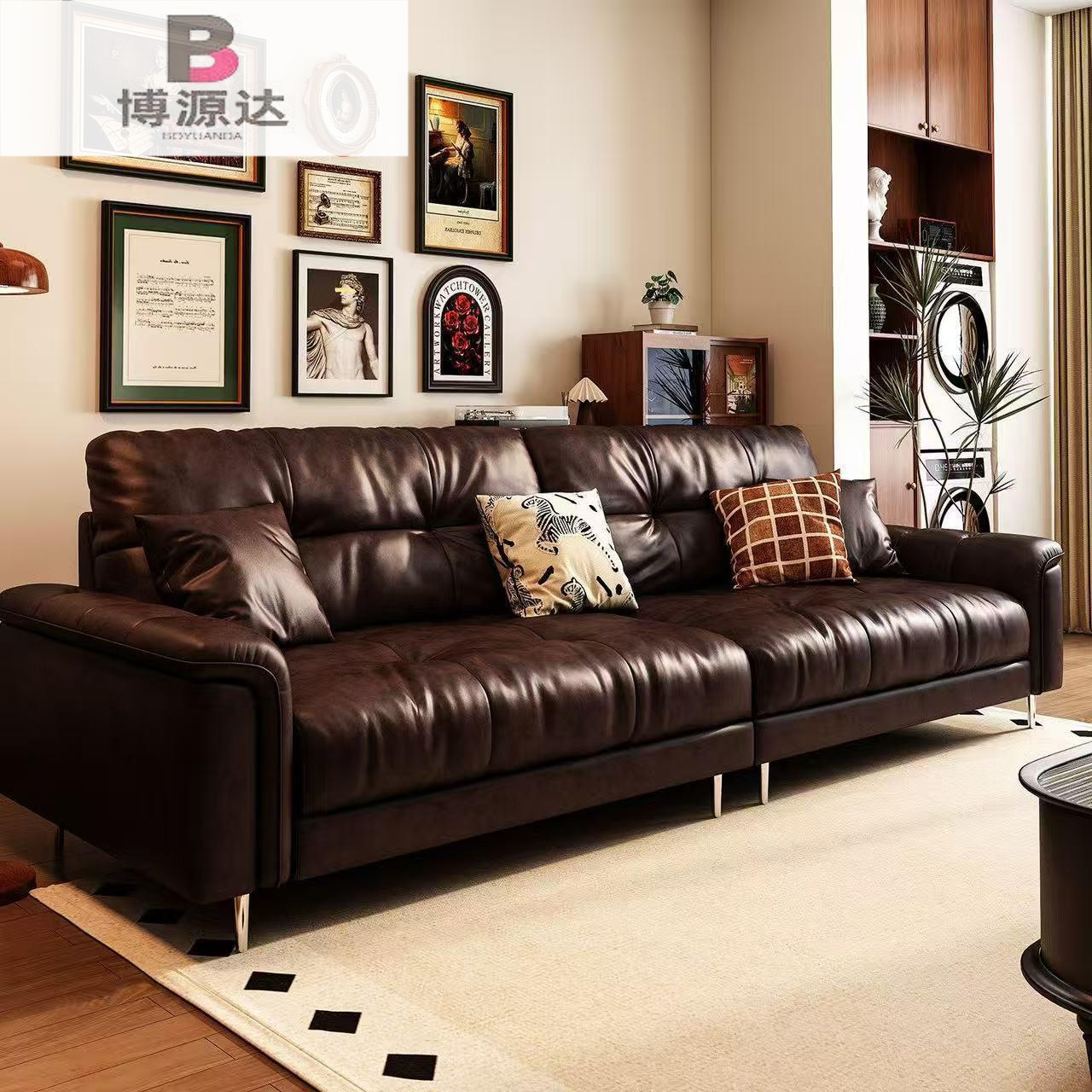 Retro-Style Oil-Waxed Genuine Leather Sofa for Home Use, Straight-Line Nebula Sofa with High Backrest in Vintage Style