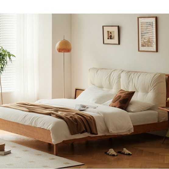 Ruomeng Bed Solid Wood Cloud Bed Bedroom Furniture Normcore Soft Bed Cherry Wood Double Bed Master Bedroom with Backpack Extension