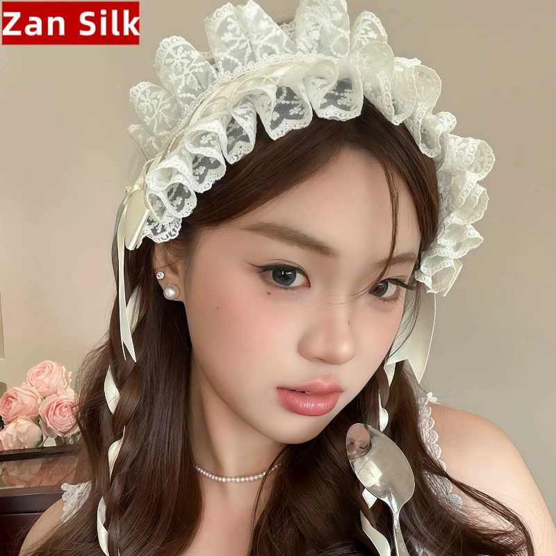 Чепчик-ободок с кружевами Zan Silk, Lolita-бантик с лентами, бежевый, 22×10 см
