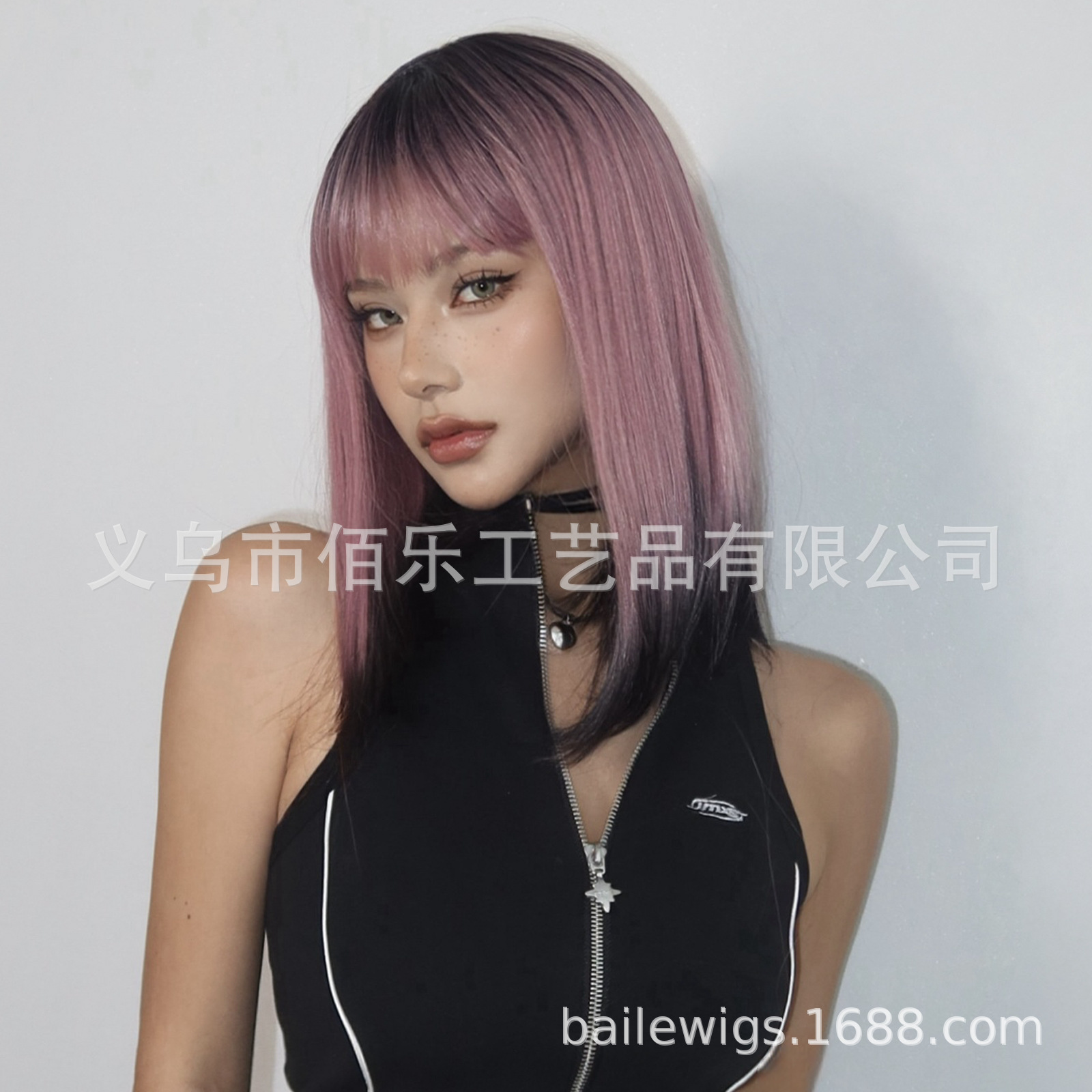 Nueva peluca cubierta de la cabeza completa flequillo negro Rosa gradiente Bobo hombro pelo recto neto rojo estilo pelo Xuchang peluca image 4
