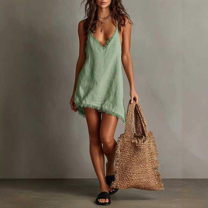 2026 New Cross-Border European and American Style Fake V-Neck Vacation Beach Strap Dress with Fringe Decoration Mini Solid Color Dress