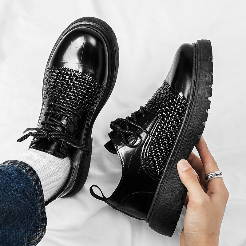 Otoño nuevo estilo de personalidad de zapatos casuales tejidos con suela gruesa, zapatos casuales de negocios con suela gruesa, zapatos de cuero de estilo británico para hombres pequeños