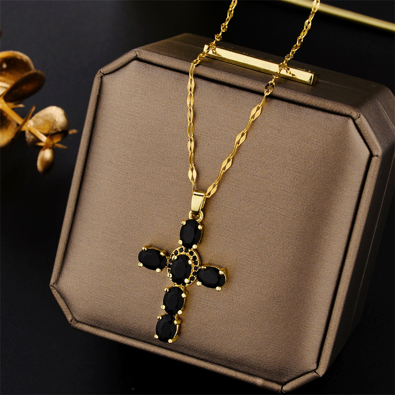 Cross Pendant Necklace With Multicolour Zircon And Copper Chain_voghion.com