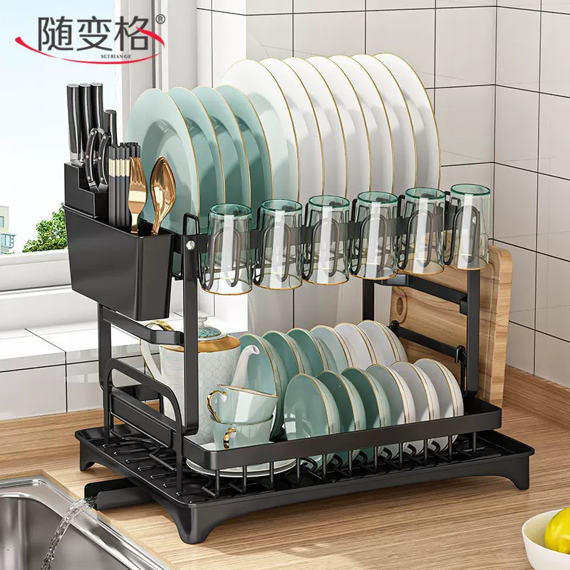 亚马逊跨境厨房双层碗碟架家用置物架餐具多功能收纳沥水架水杯架