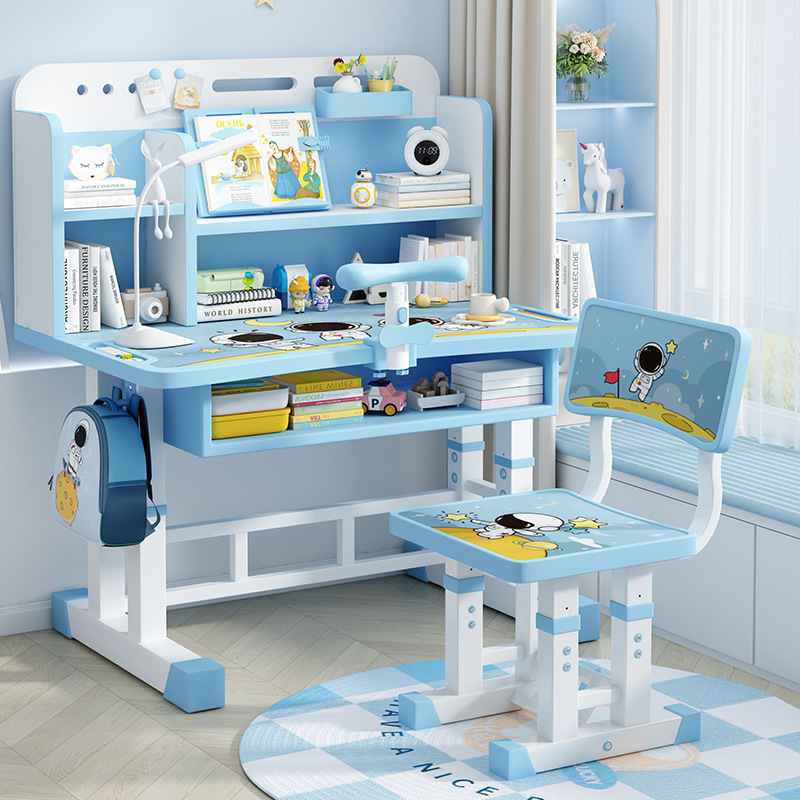 Children's Study Desk with Adjustable Height, Solid Wood Desk and Chair Set, Eye-Protection Lamp, 4-Zone Storage, Universal Study Room Children's Study Desk with Adjustable Height, Solid Wood Desk and Chair Set, Eye-Protection Lamp, 4-Zone Storage, Universal Study Room