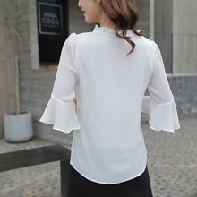 雪纺衫女喇叭袖2023年夏装新款七分袖冰丝短袖上衣白衬衫韩版中袖
