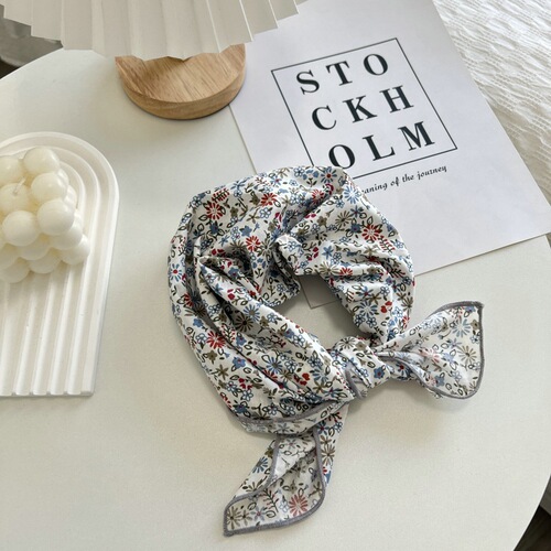 Casual floral chiffon scarf headband professional neck guard literary woman decoration collar scarf spring and autumn cotton linen small square scarf trendy