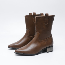 Women Boots 欧美跨境 外贸尖头中筒粗跟大码35-43码肥脚拉链靴子