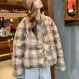 冬季保暖宽松显瘦好看新款时尚外套韩系超格纹2025女加厚羽绒棉服