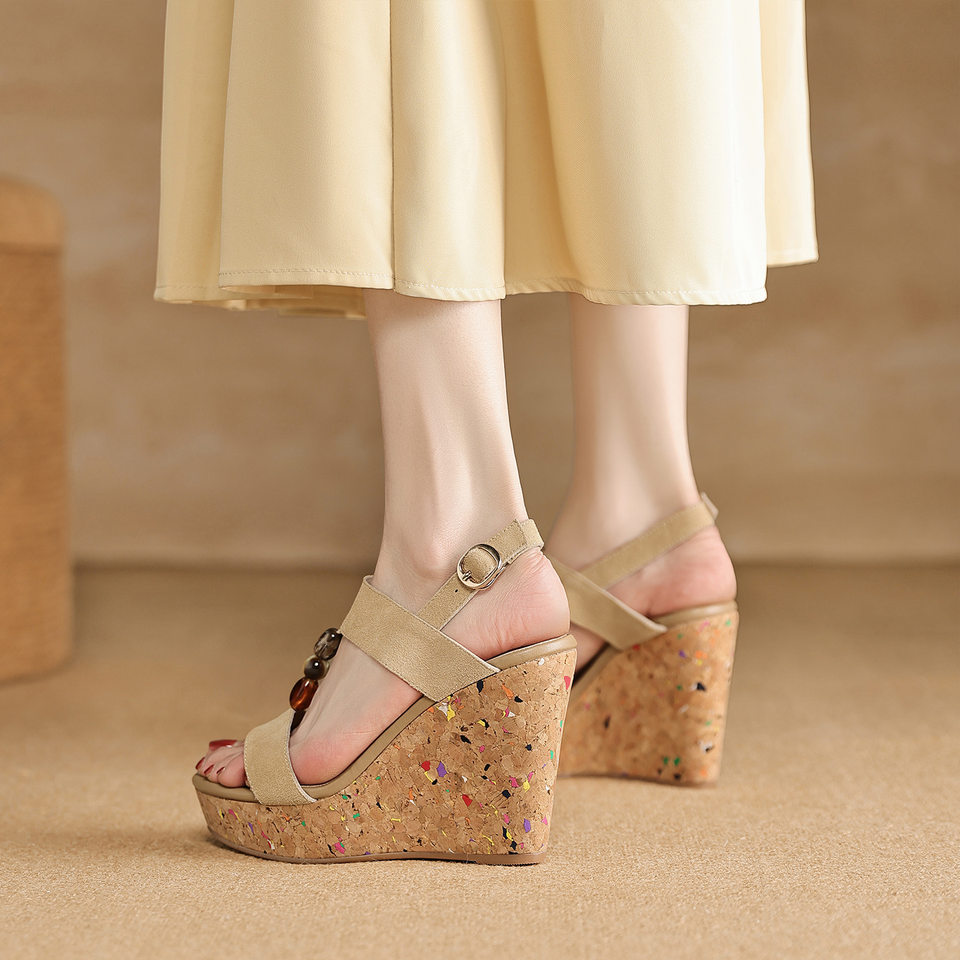 Sandal bohemian đế xuồng cao gót quai ngang hở mũi — màu hồng, màu mơ