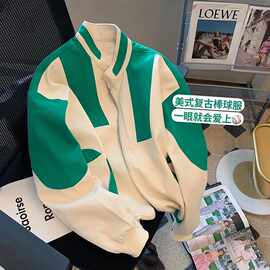 特大码美式复古撞色设计感棒球服外套女春秋新款宽松拉链夹克上衣