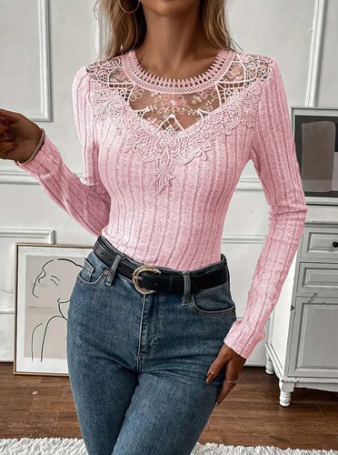European and American Amazon Women's Top New Long-Sleeved Top 2025 Autumn/Winter Fashionable Casual V-Neck Lace