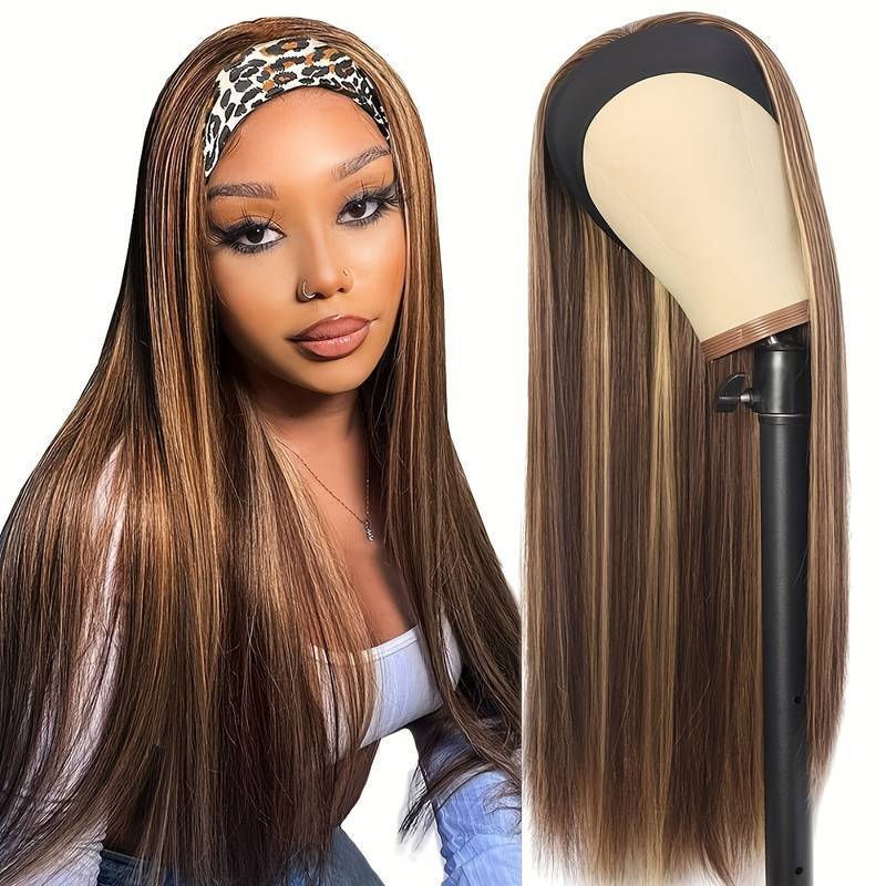 Cross-Border Women's 26-Inch Synthetic Highlighted Golden Ice Silk Hairband Headband Highlighted Blonde Headband Wig
