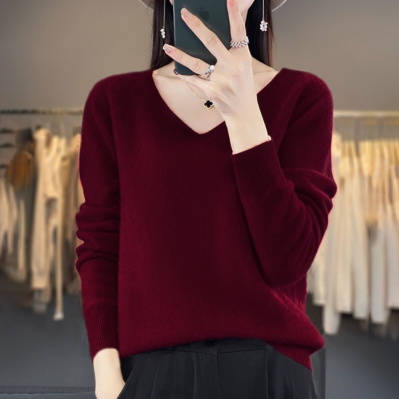 First-Line Ready-To-Wear Knitwear Burgundy Knitwear Cashmere Silk Protein V Neck Long-Sleeved Knitwear Women's Autumn and Winter Inner Wear First-Line Ready-To-Wear Knitwear Burgundy Knitwear Cashmere Silk Protein V Neck Long-Sleeved Knitwear Women's Autumn and Winter Inner Wear