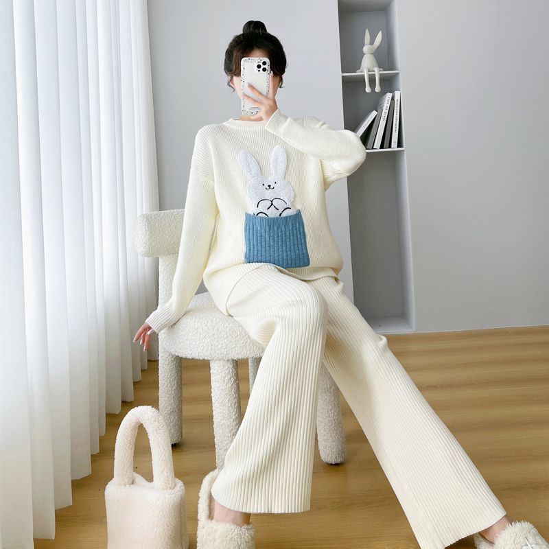 임산부 가을 겨울 정장 세련되고 스타일리시한 루즈한 상의, 미디엄 롱과 롱 스웨터, 와이드 레그 팬츠 투피스 슈트로 외출하기 좋은 사이즈