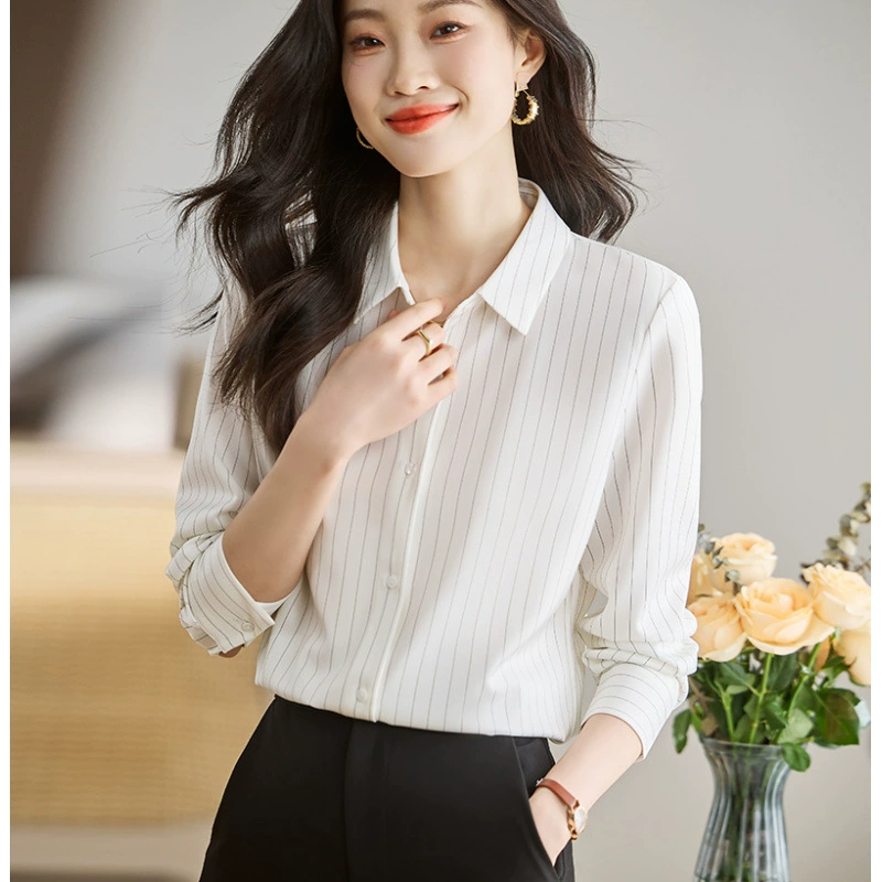 Реальная стрельба на работу профессиональная белая полосатая рубашка женская модная 2025 модная иностранная собеседование рубашка с длинными рукавами