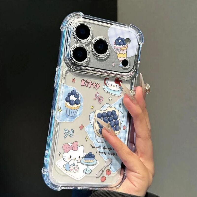 Blue Strawberry Kt Cat-Themed Phone Case for Apple 17 Pro Max, 15, 14, 13, 16, 11, Transparent with Four Corners, Anti-Drop, Airbag Protection Blue Strawberry Kt Cat-Themed Phone Case for Apple 17 Pro Max, 15, 14, 13, 16, 11, Transparent with Four Corners, Anti-Drop, Airbag Protection