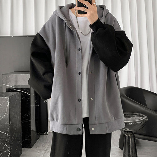 Hong Kong-style casual cardigan outer, men's autumn and winter plus velvet thick Korean trend splicing loose hooded hooded hoodie lovers 'wear