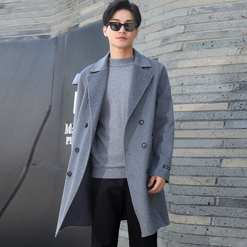 Long demi-season solid color woolen double-sided suit
