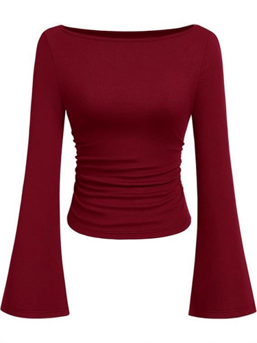 American-style spicy beauty solid color boat neck trumpet sleeve T-shirt for women, autumn version, slim-fitting pleated, invisible, long-sleeved top