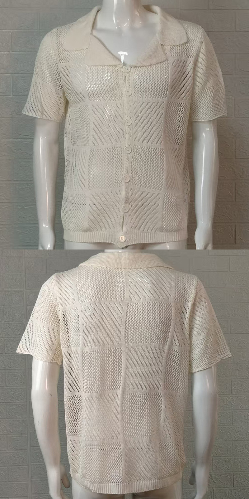 2025 Sommer Neue Strickjacke Dünne Hohl Polo Kragen Kurzarm Top Herrenbekleidung_voghion.com