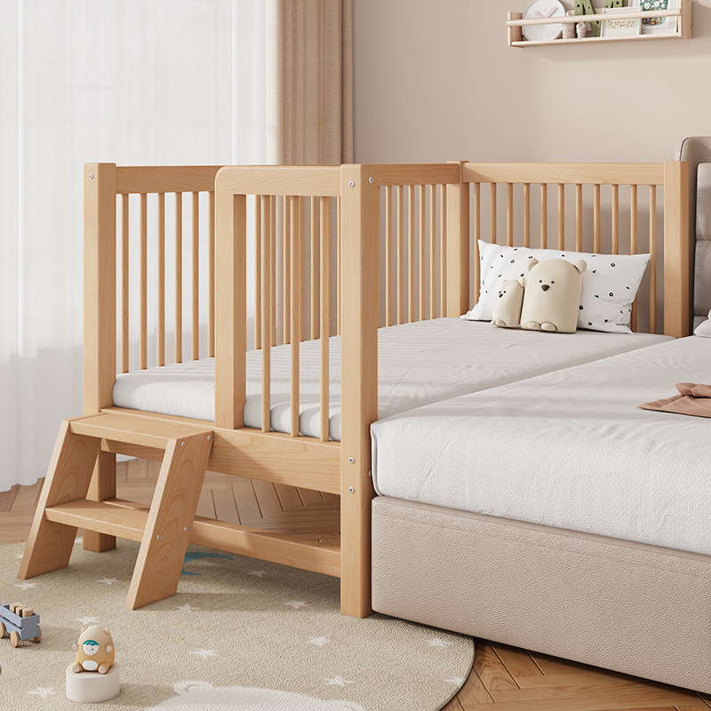 Adjustable Height Beech Children's Bed, Splicing Bed, Large Bed with Guardrails, Widened Bedside, Baby Solid Wood Small Bed