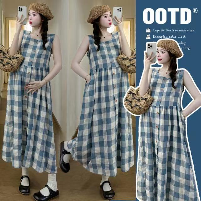 Maternity Wear Summer Dress 2026 Maternity Wear Summer Plaid Mori Girl Princess Sweet Cardigan Dress