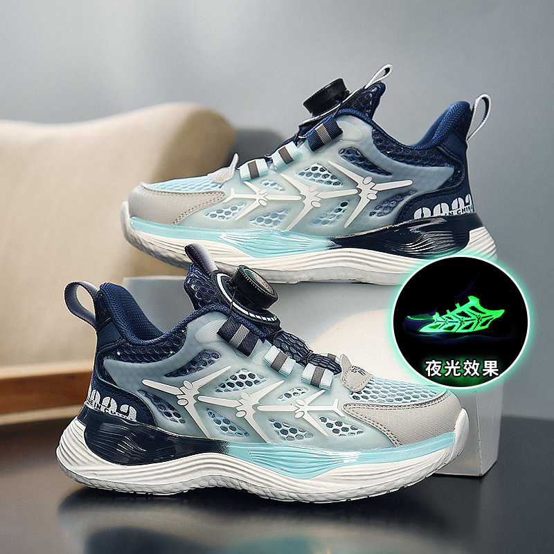 Zapatillas transpirables de una sola red para niños, zapatillas de baloncesto de suela blanda con hebilla giratoria para niños de mediana edad, zapatillas para correr antideslizantes