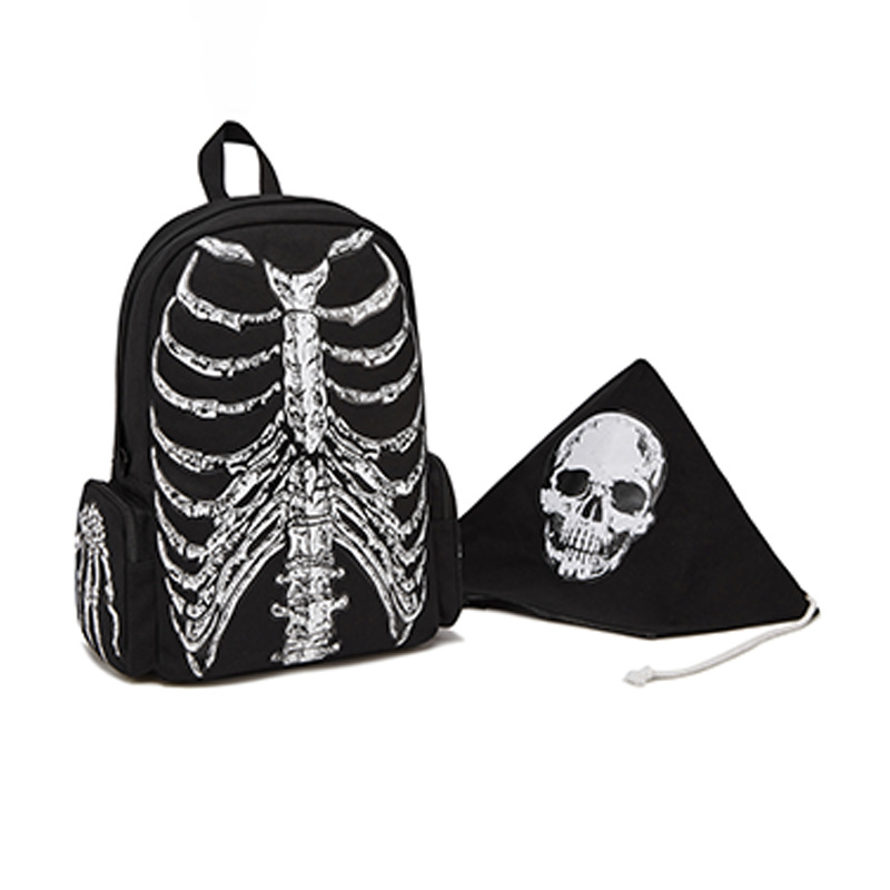 Cross-Border Dark Style Canvas Backpack with Hood, Large Capacity School Bag, Gothic Street Style Halloween Skull Backpack