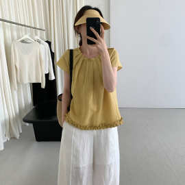 TG 小众甜美飞飞袖木耳花边压褶衬衫女2025夏季新款薄款上衣24868