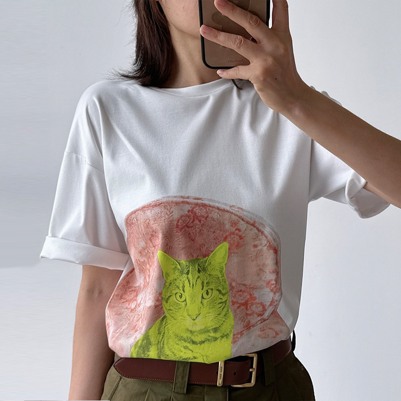 Italian Max26 New Summer Women's Round Neck Short-Sleeved T-Shirt Pullover Top with Kitten Print and Slight Imperfections Italian Max26 New Summer Women's Round Neck Short-Sleeved T-Shirt Pullover Top with Kitten Print and Slight Imperfections