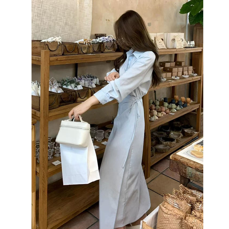 御姐风简单大方感穿搭蓝色收腰系带衬衫连衣裙女2025新款秋季|undefined