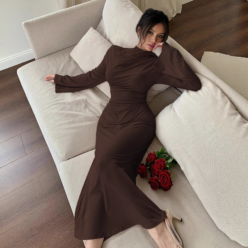 European and American Style Minimalist Fashion 2025 Dress, Slim Fit, Versatile, Bell Sleeves, Half-High Collar, Bodycon Long Dress European and American Style Minimalist Fashion 2025 Dress, Slim Fit, Versatile, Bell Sleeves, Half-High Collar, Bodycon Long Dress