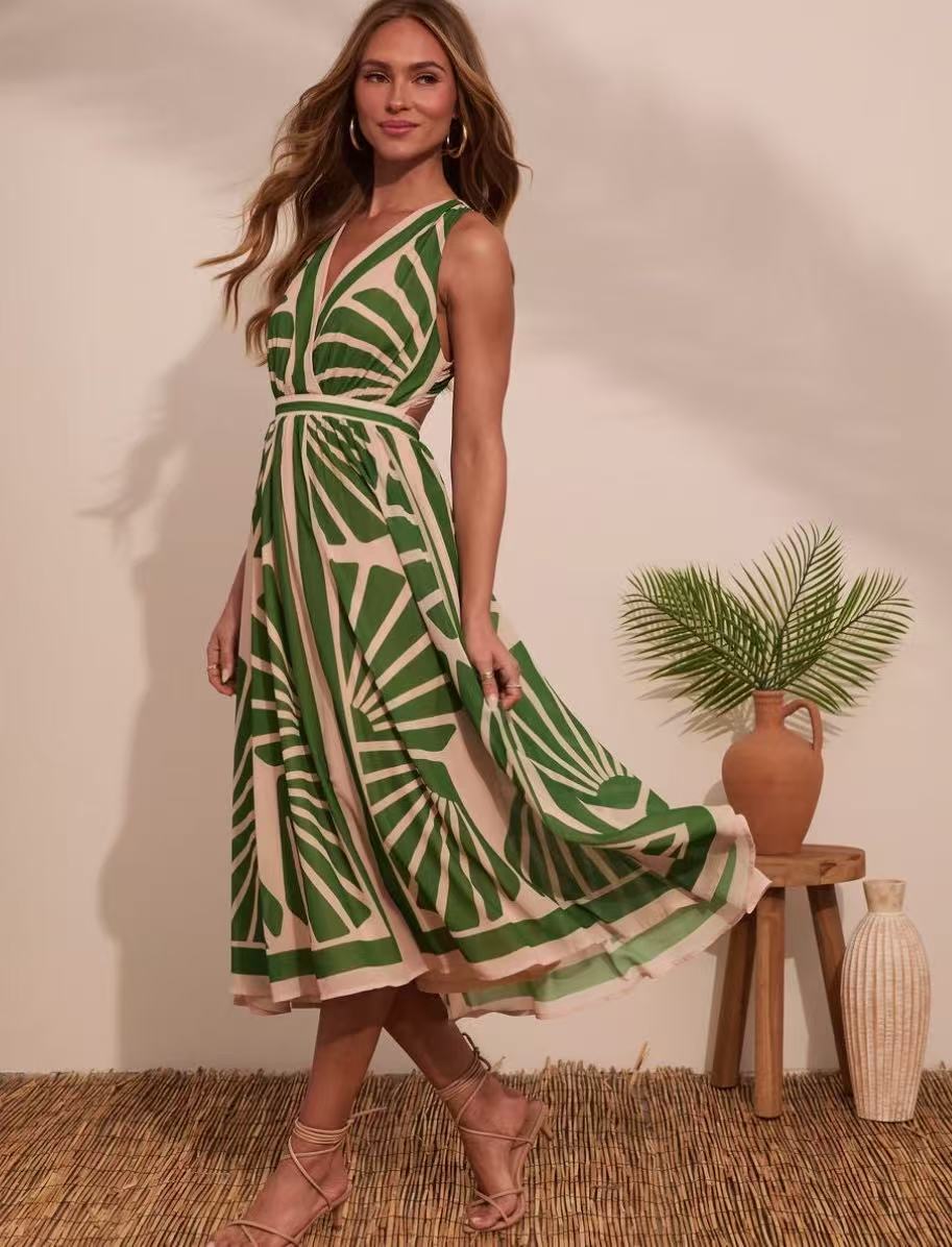 2025 Cross-Border Foreign Trade European And American Women's Clothing V-Neck Sleevel Bohemian Printed Long_ecoleips.com