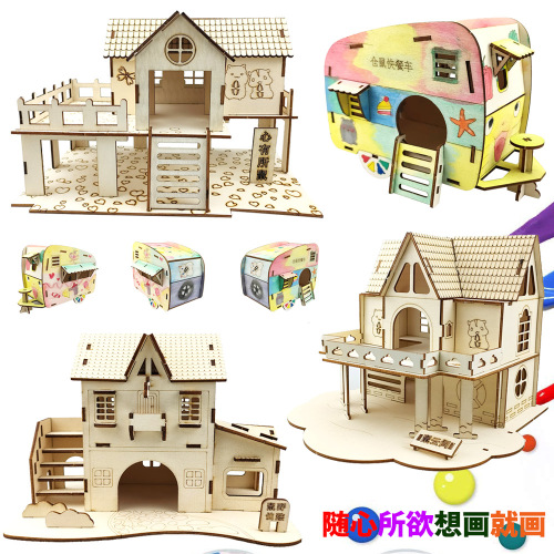 Hamster house fast food truck log toy climbing frame creative painted handmade DIY graffiti picture pet nest small house