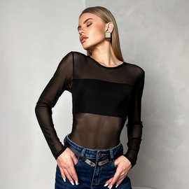 美式辣妹风黑色性感网纱透视t恤上衣女小众设计感圆领长袖打底衫