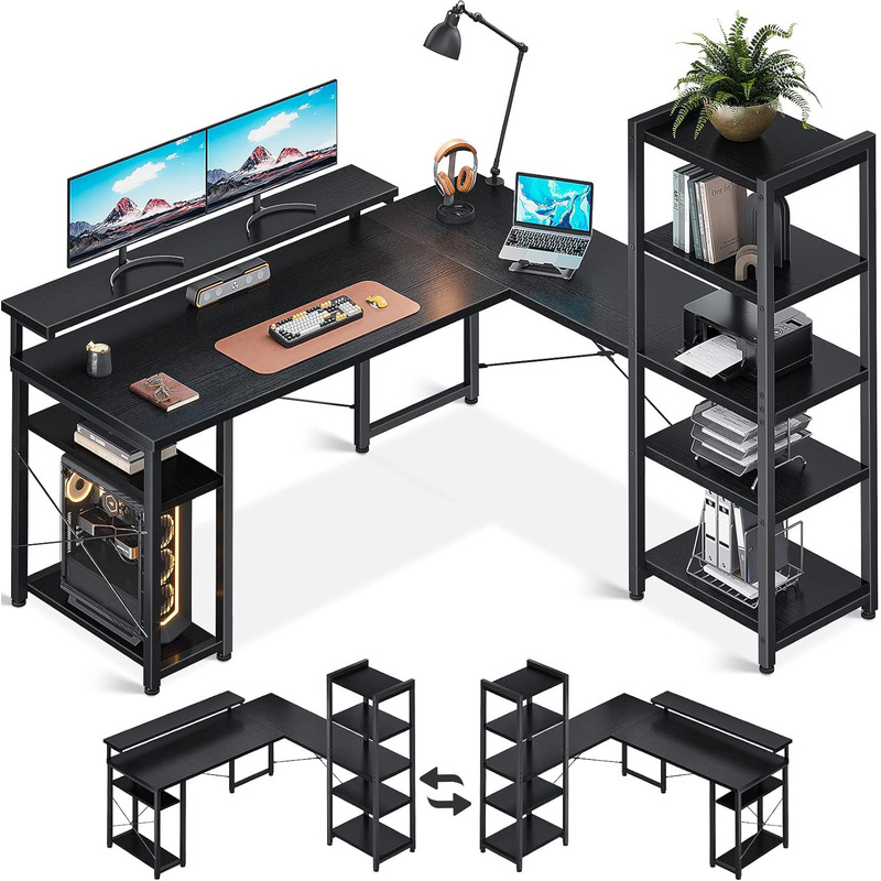 Home Office Gaming Desk with Storage Rack on the Side, L-Shaped Computer Desk with Headphone Hook, Factory Direct Sale